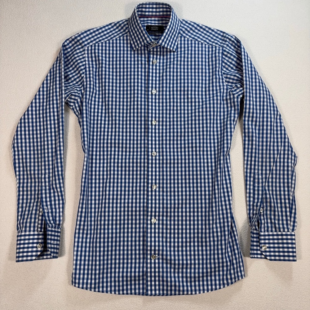Eton Shirt Men's 37-14.5‎ Blue Gingham Plaid Contemporary Fit Cotton Button Up
